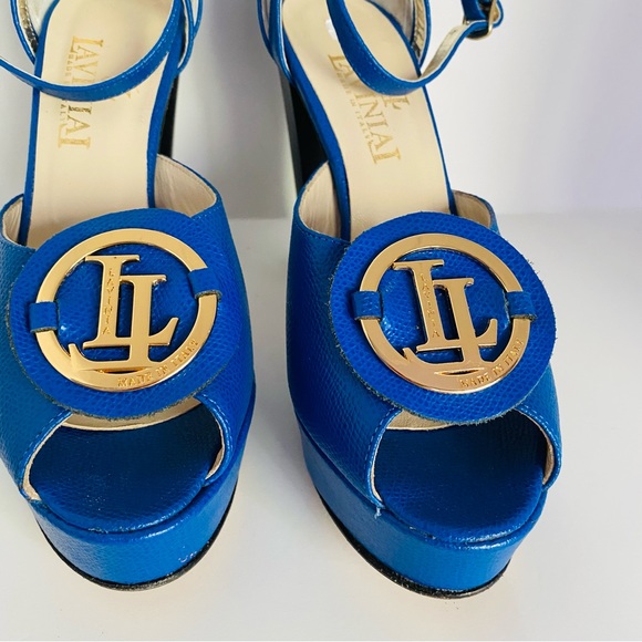 Lavinia leather platform ankle strap peep toe shoes heels sandals 37 6.5 Italy - Picture 8 of 9